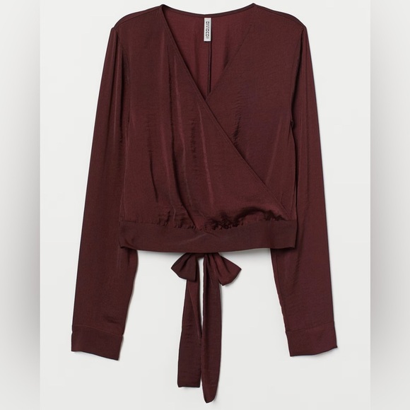 H&M Womens Burgundy Long Sleeve Casual V-Neck Wrap Front Top Blouse 6 - Picture 1 of 9